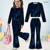 Girls Dark Blue Printed Round Neck Long Sleeve Crop Top Flared Pants Two Piece Set