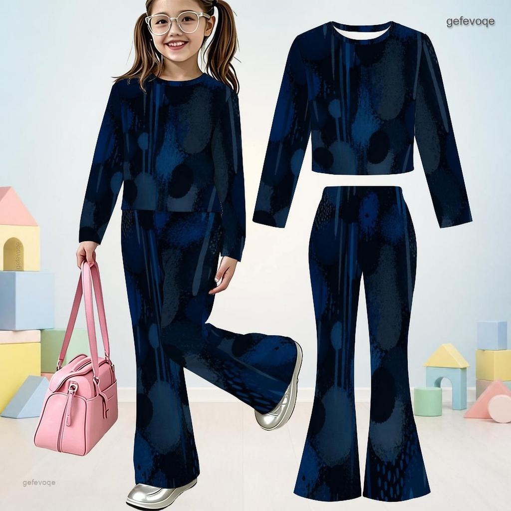 Girls Dark Blue Printed Round Neck Long Sleeve Crop Top Flared Pants Two Piece Set