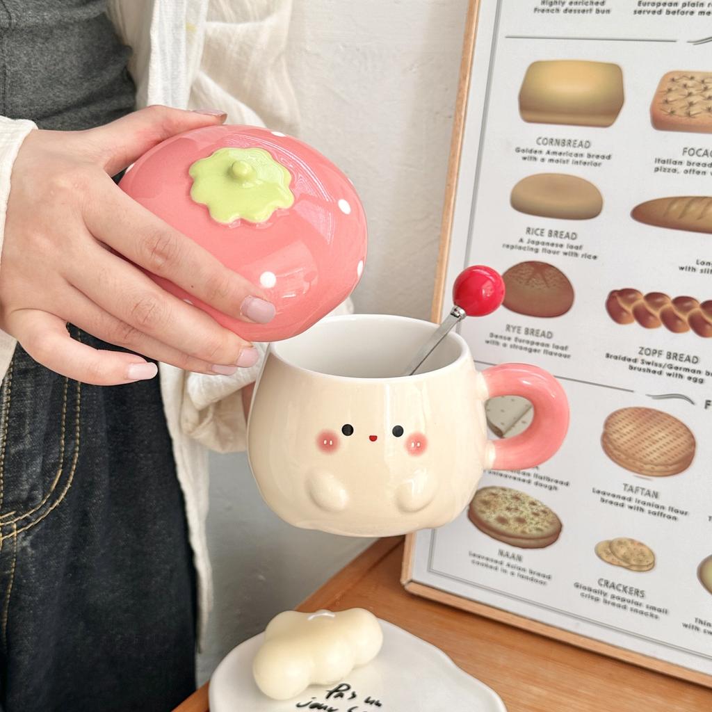 Creative Strawberry Mug Cartoon Cute Ceramic Cup High Value Ceramic Water Cup With Lid With Hand Gift