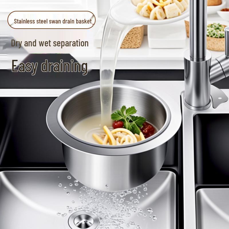 Nerezový závěsný odtokový koš pro dřez ve tvaru labutě s háčky pro skladování, oddělení suchého a mokrého odpadu a filtrování odpadků.