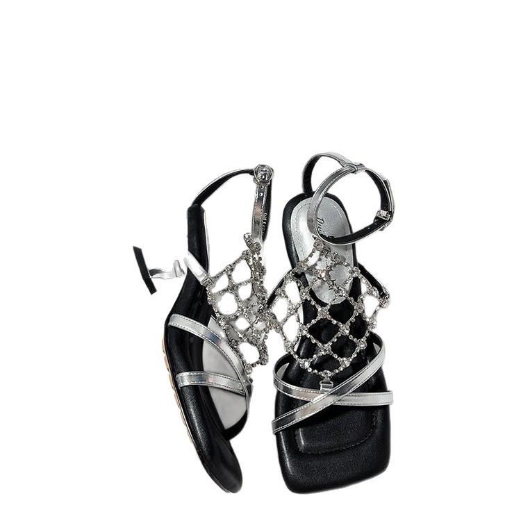 2025 New Rhinestone High Heel Square Head Thick Heel Internet Celebrity Temperament Metallic Commuter Open-toed Sandals