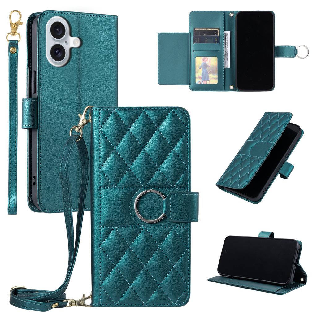 Applicable to iPhone16E multi-functional leather case 17Pro new rhombus small fragrant style card wallet diagonal span portable rope