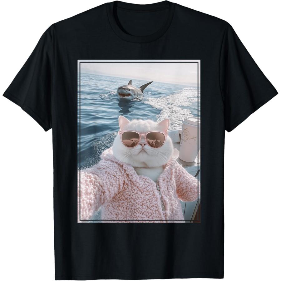 Cool Fat Cat Selfie on Yacht Boat with Shark Funny Cat Meme T-Shirt for Men Women Kids XXXXXL чёрный
