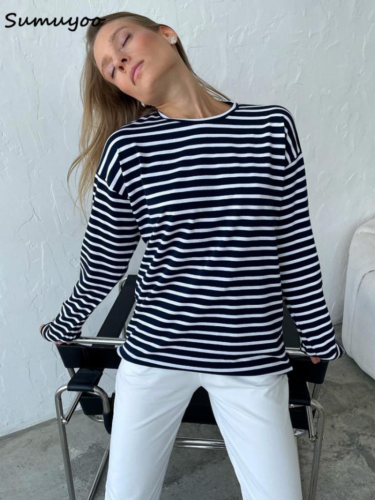 Sumuyoo 2024 Summer Long Sleeve Striped T-Shirts Women Basic Casual Tops Female Cozy Loose Cotton Tees Harajuku T Shirt New