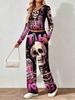 Floral pattern printed women's V-neck long-sleeved trousers set Comfortable casual versatile slim two-piece set