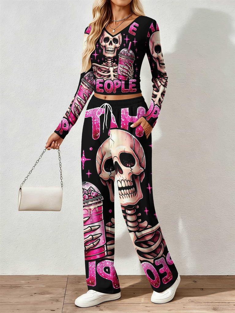 Floral pattern printed women's V-neck long-sleeved trousers set Comfortable casual versatile slim two-piece set