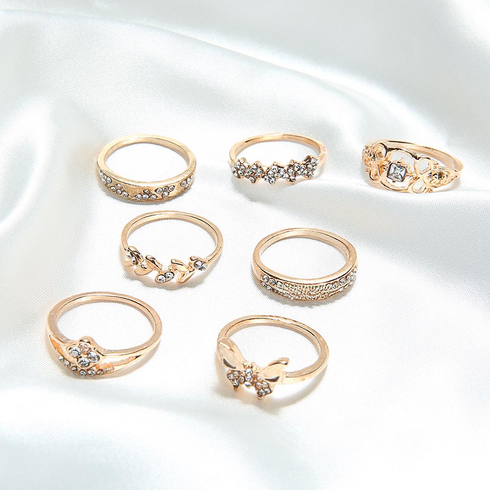 Retro Rhinestone Flower & Leaf Butterfly Ring Set - 7 Pieces