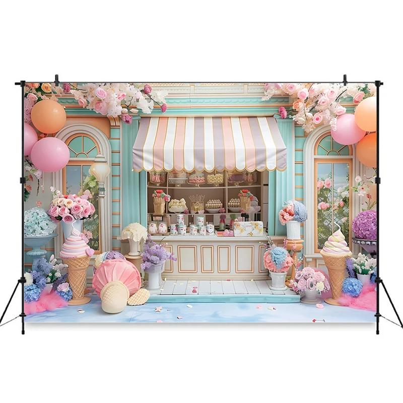 Ice Cream Backdrop For Photography Cake Crush Dessert Shop Balloon Flower Background Wedding Birthday Party Decoration Backdrops