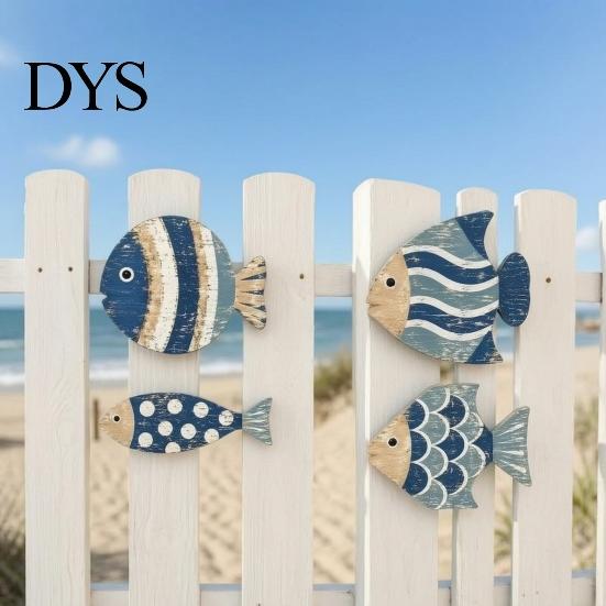 Unique Seaside Cabin Gift 4Pcs/Set Wooden Fish Wall Decor, Coastal Style Art, Distressed Beach House Hanging Set Rustic Blue Ornaments for Home
