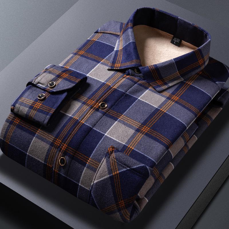 Men's Retro Plaid Fleece-lined Winter Shirt - Thick, Warm, Long-sleeved Casual Top for Middle-aged and Elderly