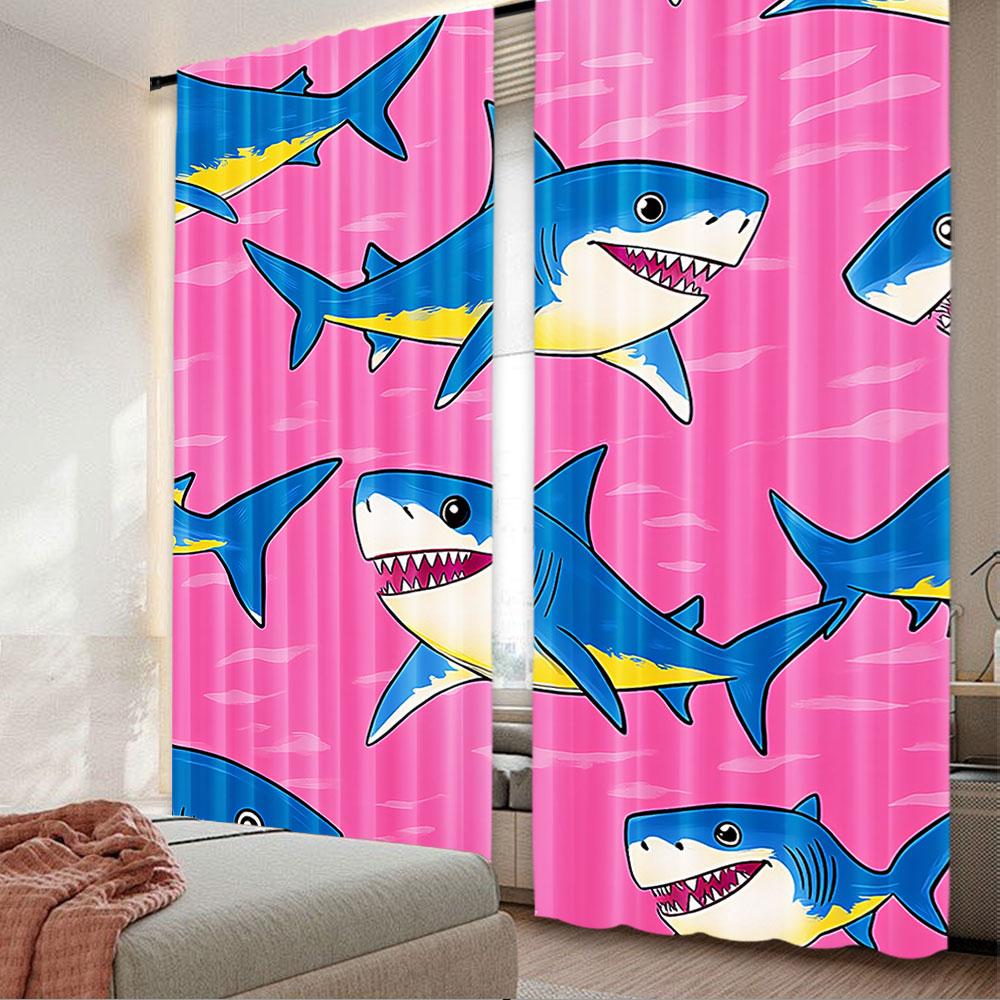 

2Pcs Cute Shark Curtain Cartoon Fish Ocean Pink Modern Home Suitable For Bedroom Living Room Dining Room And Bathroom A 29x65in(75x166cm)