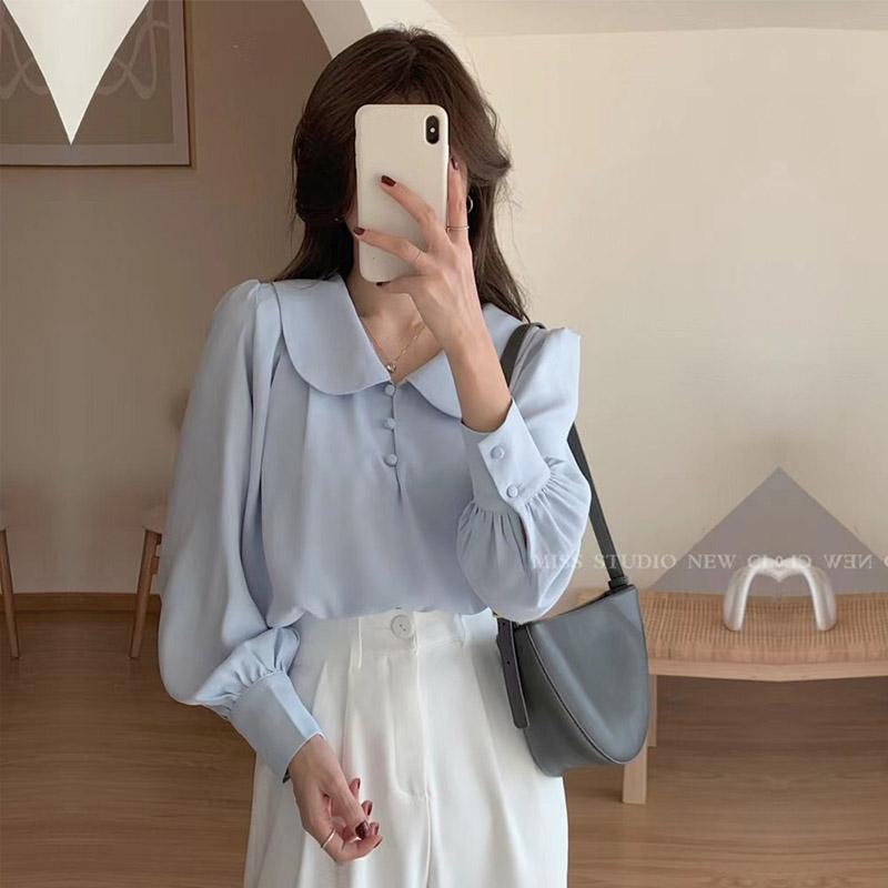 Women s Chiffon Shirt Spring Summer French Retro Puff Sleeve Blouse Top Solid Color S-XL S