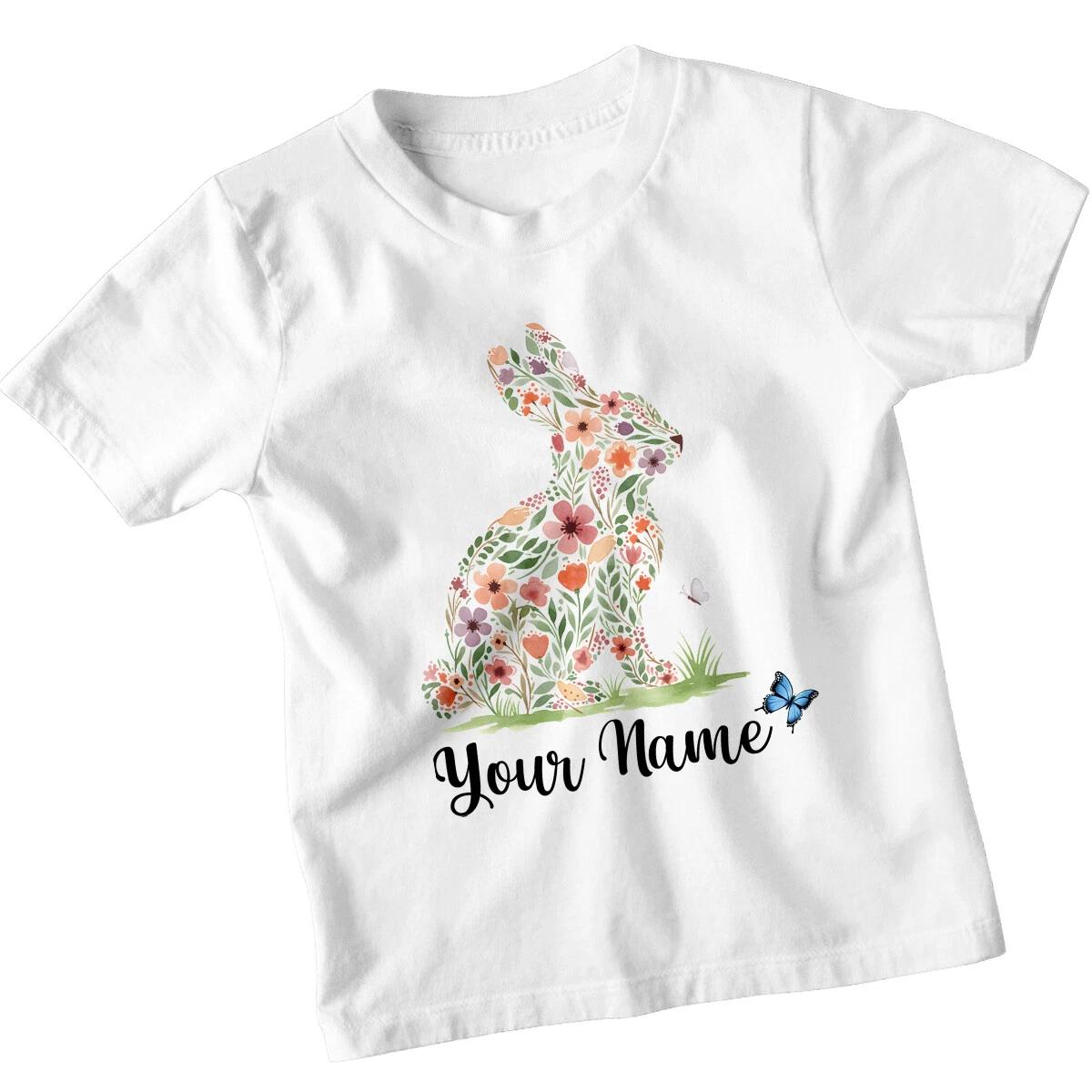 Personalised Easter Bunny Kids T-Shirt Floral Your Name Custom Childrens Tee 120