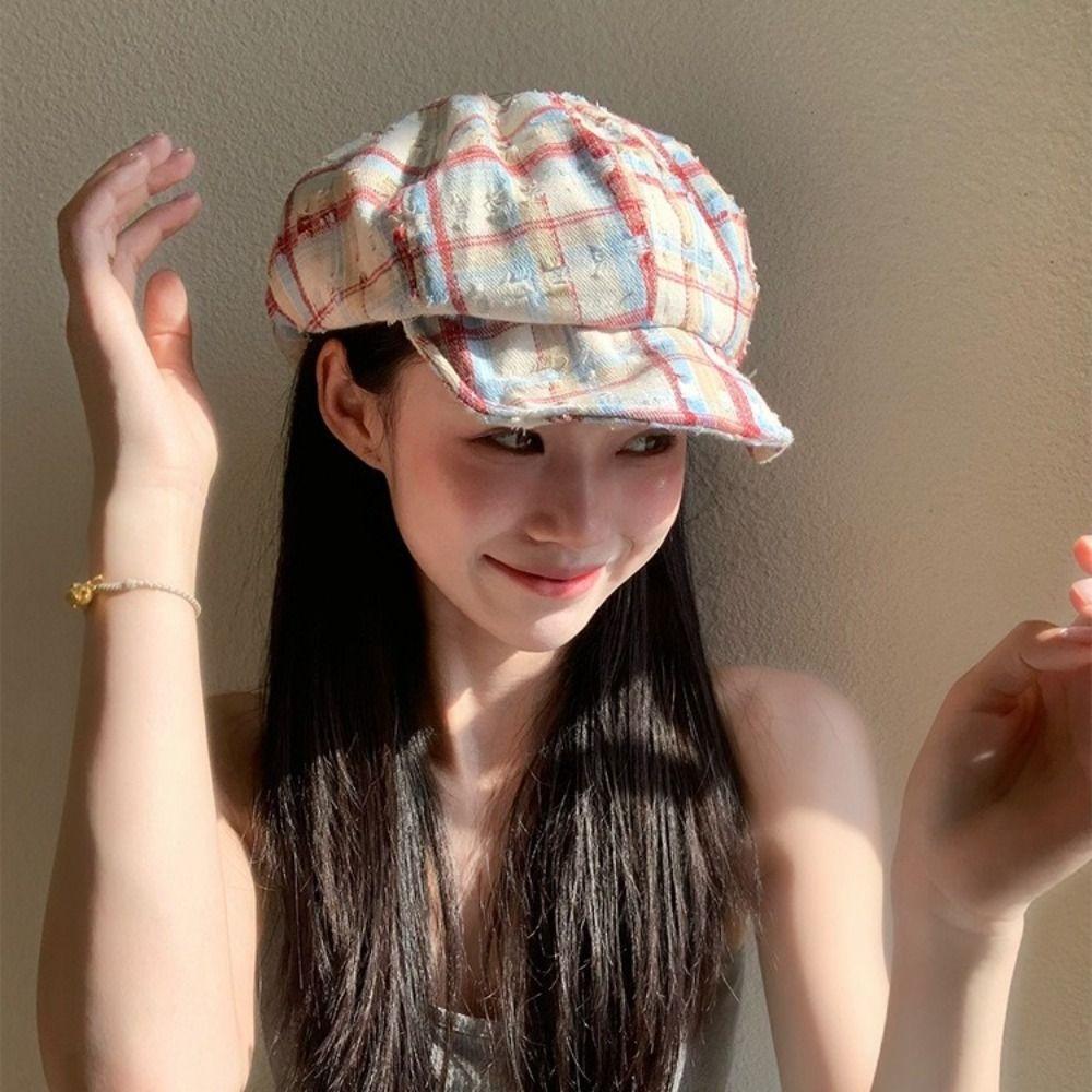Y2k Octagonal Caps Korean Painter Hat Vintage Plaid Cloud Berets Girls