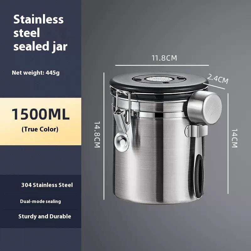 Coffee Beans Vacuum Sealed Jug,Stainless Steel Food Airtight Container forKitchenware,Portable Grain Storage Can for Kitchen