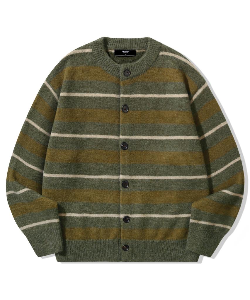 TRILLION Washable Hairy Striped Button Cardigan Knit_Khaki