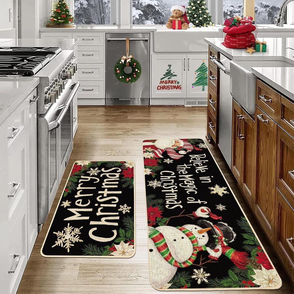 2pcs Christmas Atmosphere Floor Mat Non-slip Stain-resistant Bathroom Mat Kitchen Rug for Holiday Home Decoration