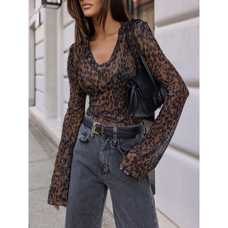 

Модный стиль Модная новая женская одежда Леопардовый принт Принт Рубашка с длинными рукавами Женский приталенный силуэт Элегантный Универсальный топ Мода Brown