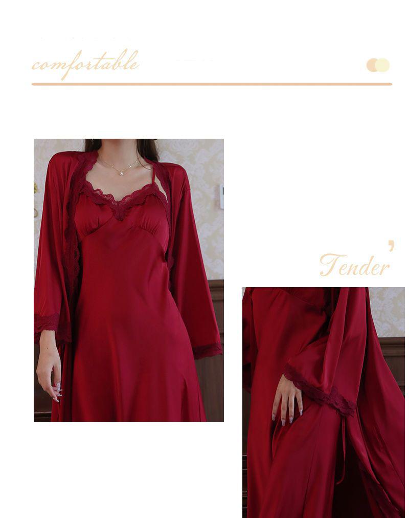 Ice Silk Long Sleeve Extra Long Robe with Chest Pad & Camisole Nightdress for Women