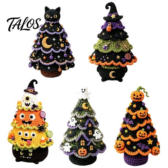 Handmade Yarn Projects Halloween Tree Crochet Kit, DIY Black Cat Pumpkin Witch Supplies with Tools Hat Ghost Crafting Kit for Holiday Home Decor, Gift