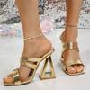 Fashion Fashion Gold High Heel Sandals for Women Square Toe Strange Heeled Party Dress Shoes Woman Summer Double Strap Mule Slippers