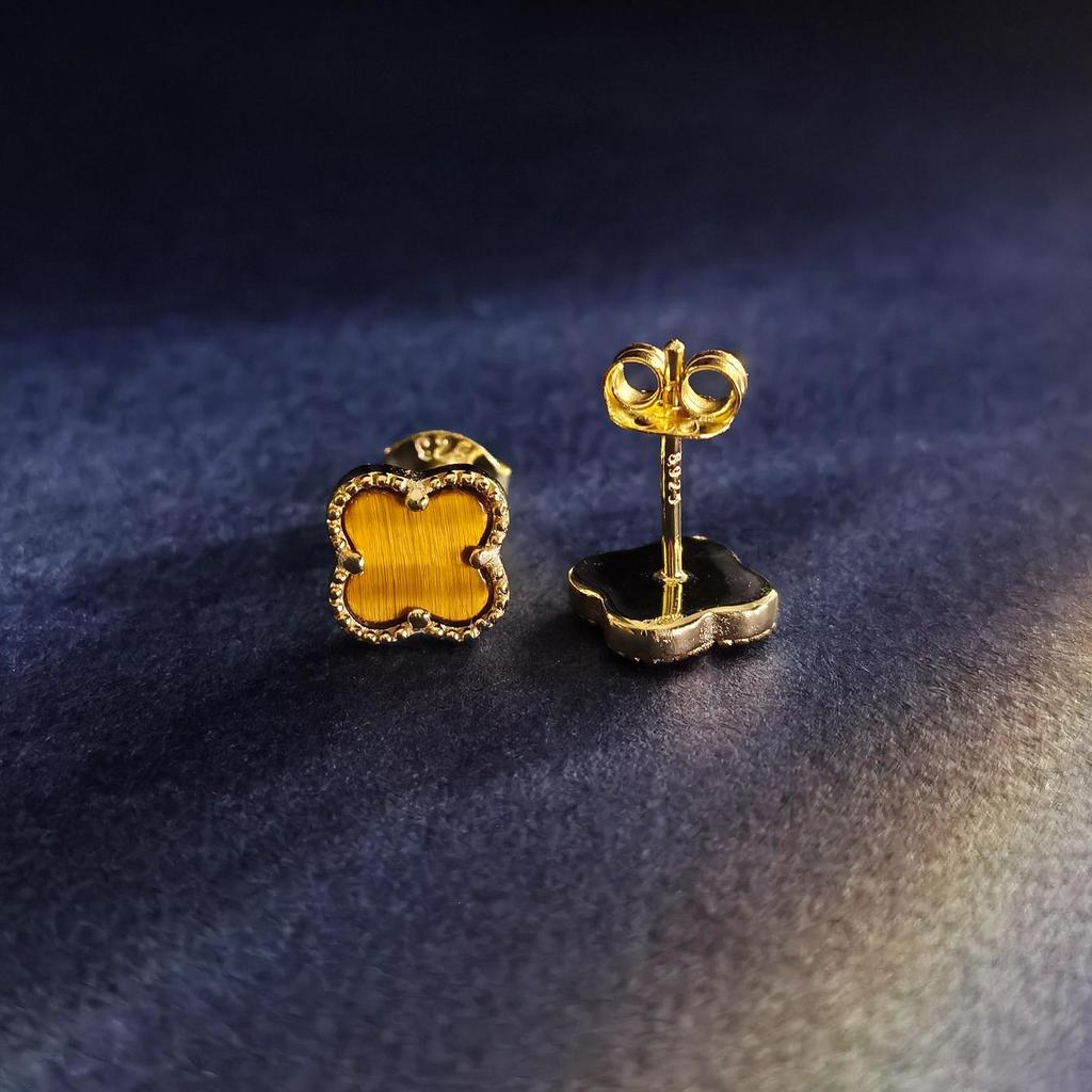 925 Sterlingsilber Vierblatt-Blume Ohrstecker 14K Vergoldet Tigeraugen Ohrringe