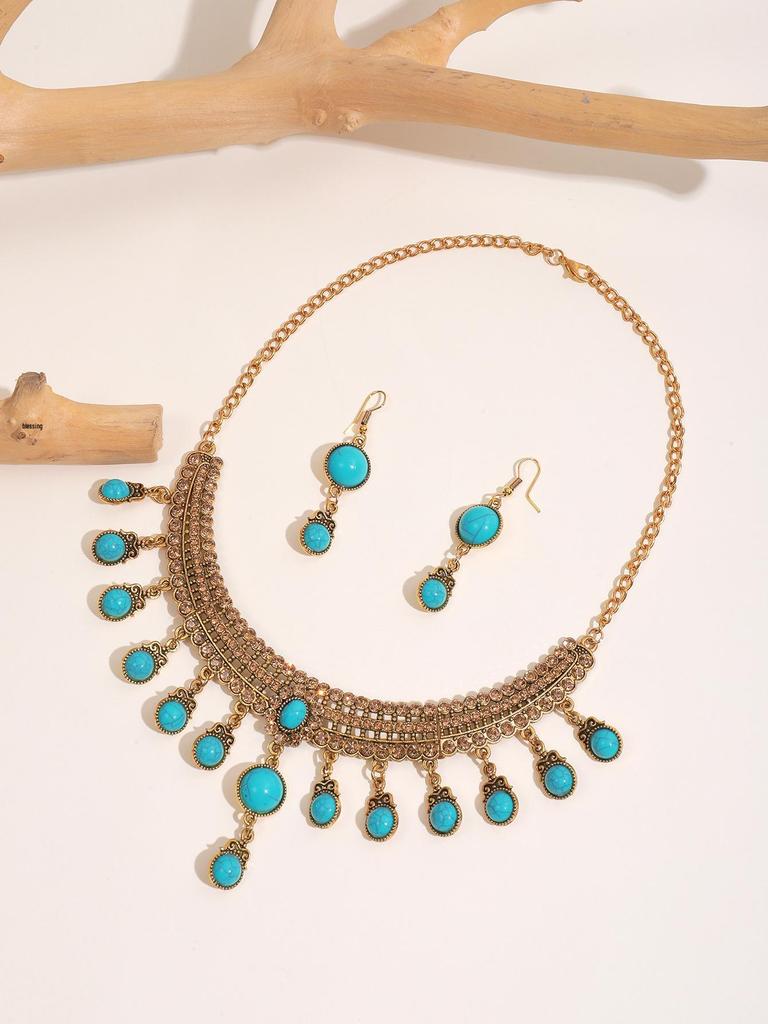 Turquoise Tassel Necklace & Earrings Retro Pearl Set