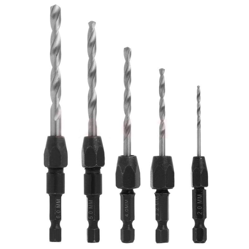 5pcs 1/4" Hex Shank Wood HSS Drill Bit Set Quick Change Tool 2/3.2/4/5/6mm