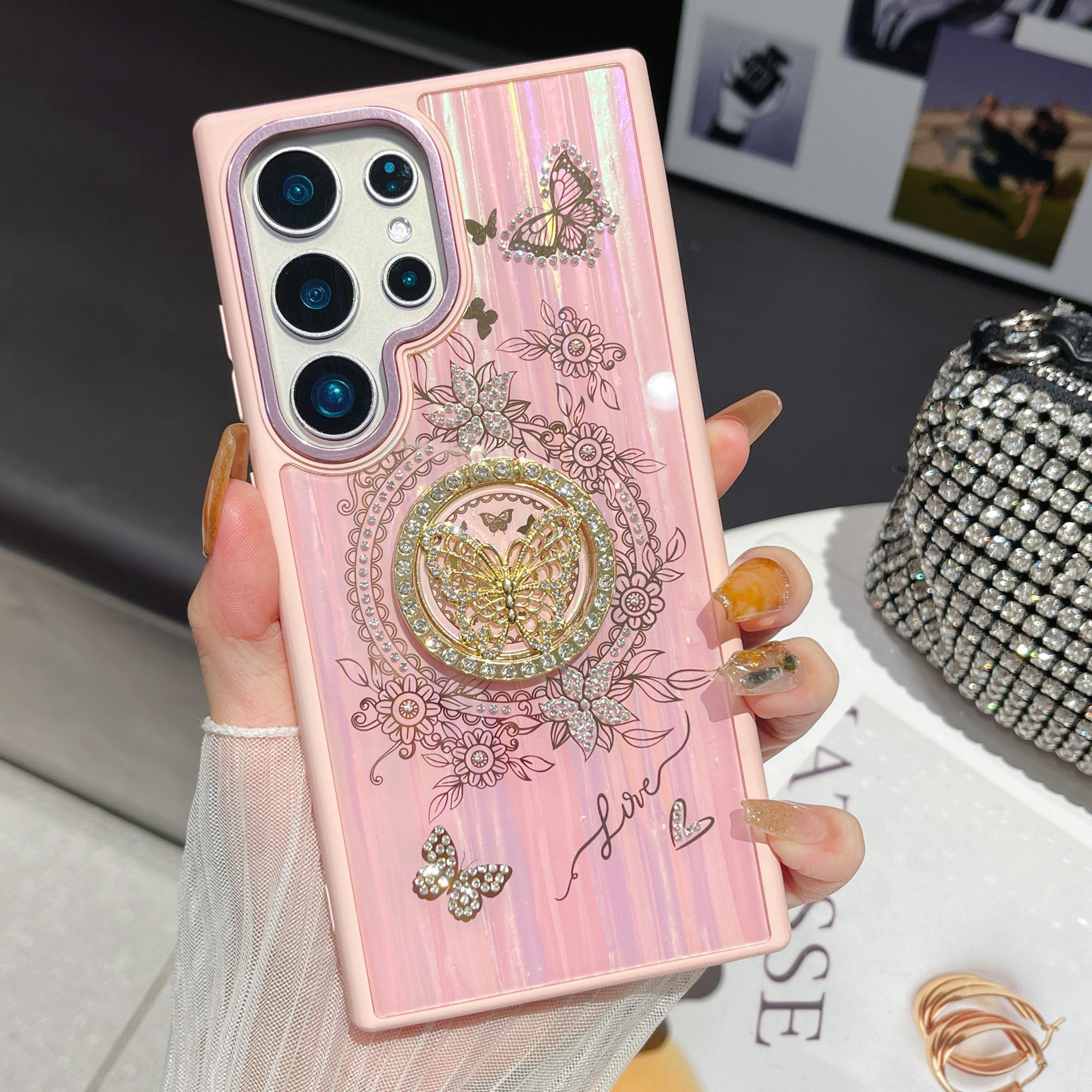 

For Samsung Galaxy S25 Ultra Case Aurora Butterfly Pattern TPU+PC Phone Back Cover with Kickstand Pink