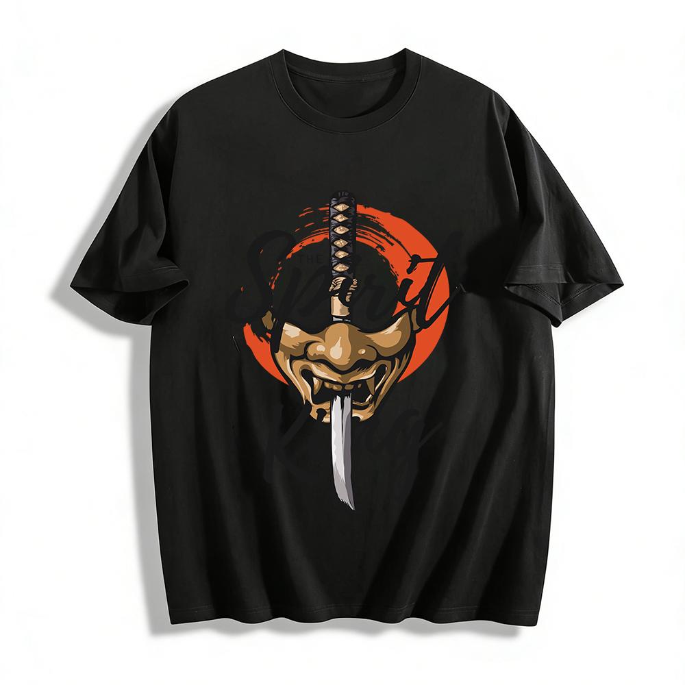 Japanese Oni Mask Katana Print Cool Casual Short Sleeve T-Shirt Pure cotton T-shirt