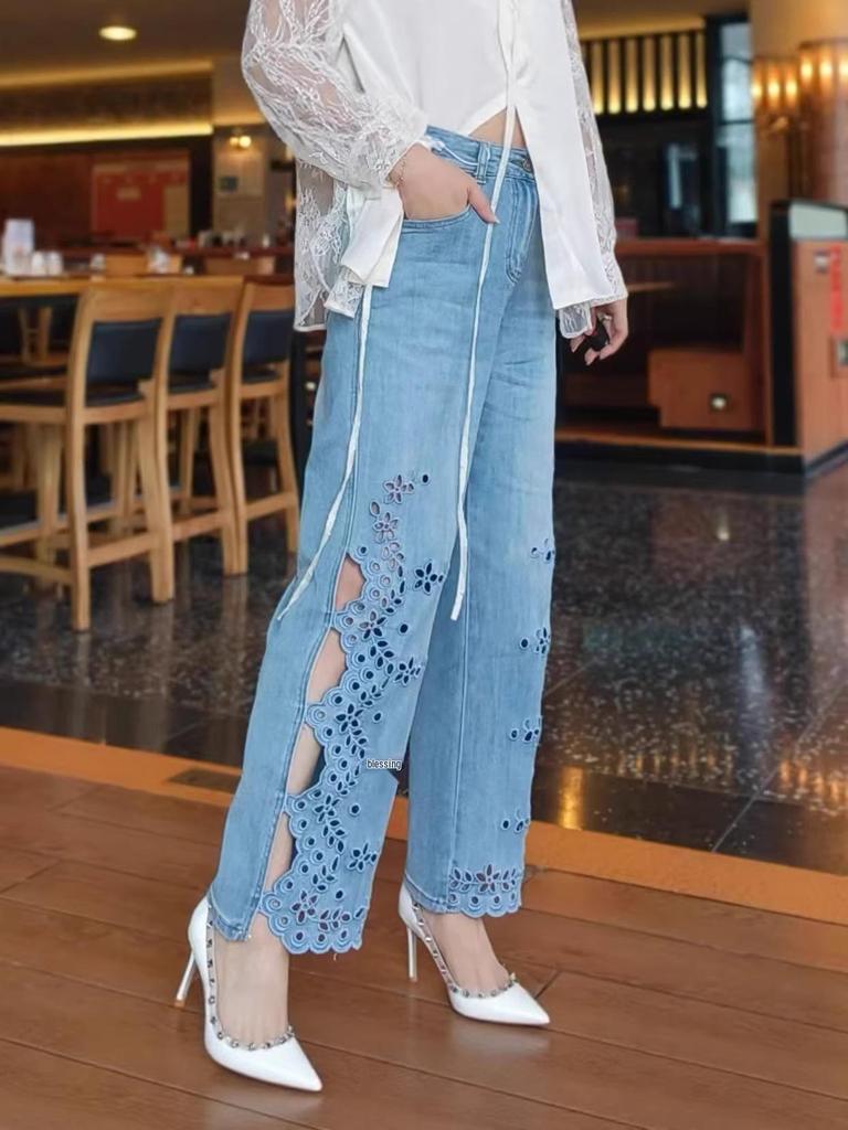 High-Waisted Embroidered Cropped Jeans - Spring 2026, Petite, Loose Straight-Leg