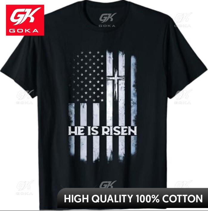 Patriotic Easter American Flag He is Risen Novelty Print Round Neck Short Sleeve Pure Cotton Printed T Shirt Street Style S