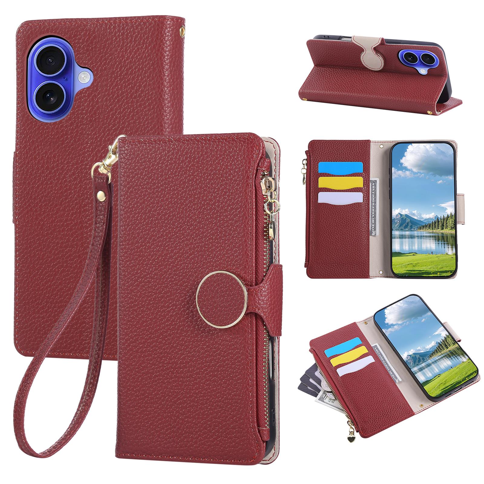 

For iPhone 17 Case Zipper Wallet Leather Phone Cover with Wrist Strap Wine Red
