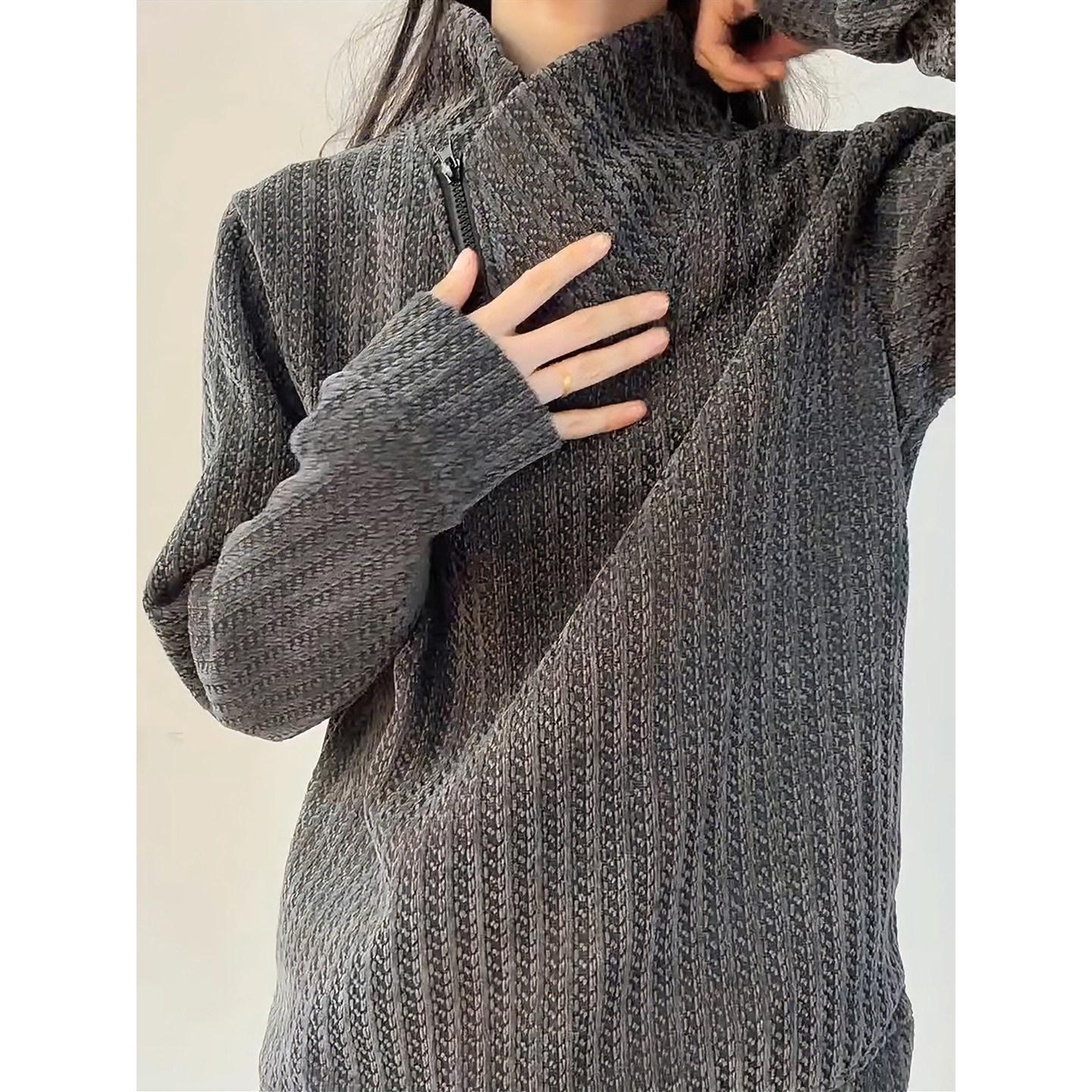 Men s Autumn/Winter Fishbone Pattern Slanted Zipper Hoodie with Velvet Lining, Long Sleeve T-shirt, and Stand Collar Undershirt. XXXL