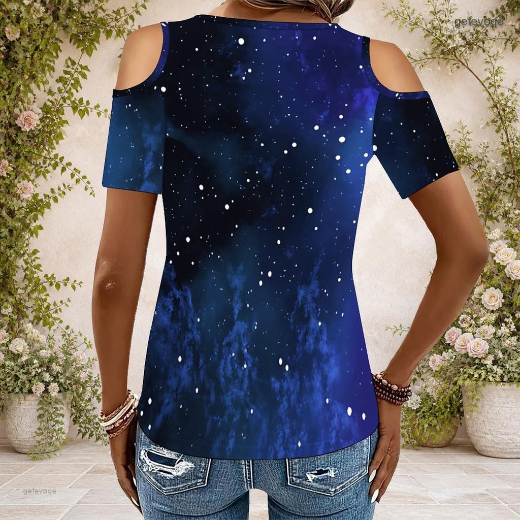 Women Plus Size Keyhole Ring Neck Cold Shoulder Short Sleeve Tie Dye Print T Shirt