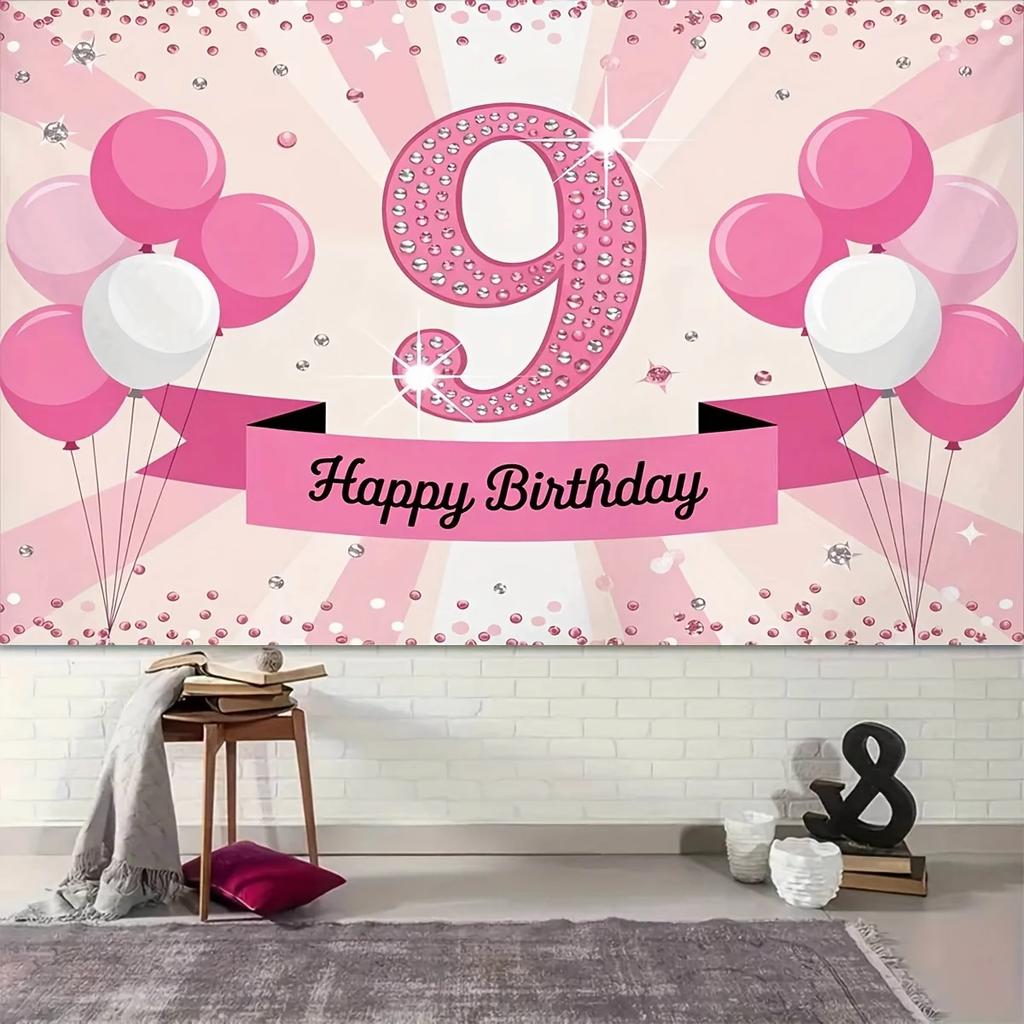 2D planar background banner with a pink-themed "9 Happy Birthday" pattern background fabricDJH