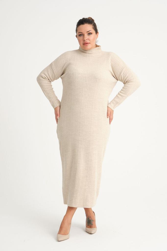 Damen Big Size Kleid Grün Halb Rollkragen Strickkleid Plus Size