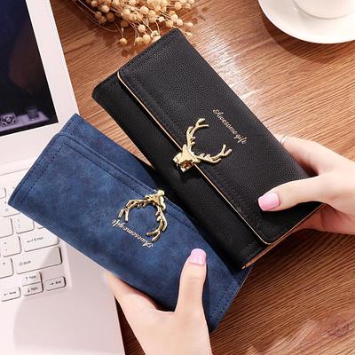 2026 Nouvelle Mode Tête de Cerf Portefeuille Long Femme Tendance Cool PU Mat 3 Plis Porte-Billets Multi Cartes Pochette Femme Sac à Argent Poche à Monnaie Fille Cadeaux de Vacances