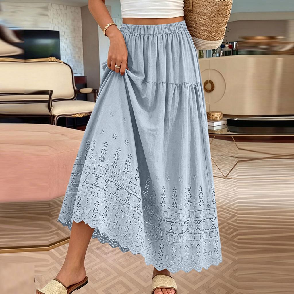 Vestido Largo Casual Lindo Elástico de Cintura Alta -Ojo Línea A