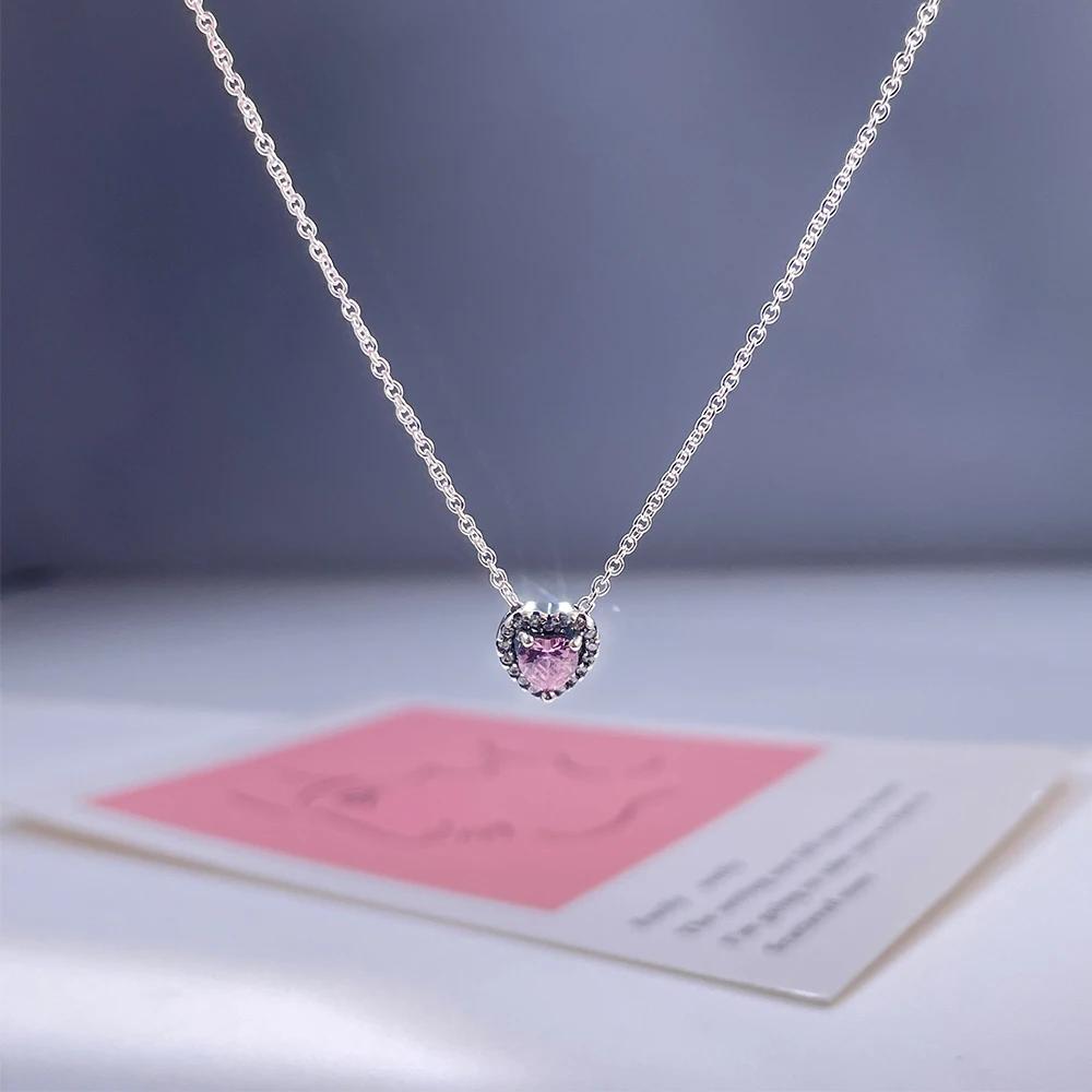925 Silver Heart-Shaped Shiny Zircon Elevated Red&Pink&Blue&White Heart Necklace Lover's Gift Fine Jewelry for Women