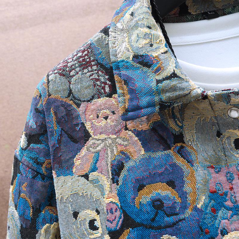 Jachetă Denim Jacquard cu Ursuleț pentru Bărbați - Nouă Modă Streetwear Toamnă/Iarnă