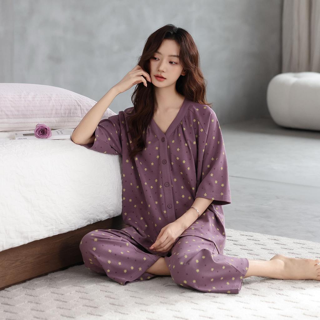 Pajamas women's pure cotton summer five-point-sleeved seven-point pants summer cool thin cotton half-sleeved large-size mother loungewear