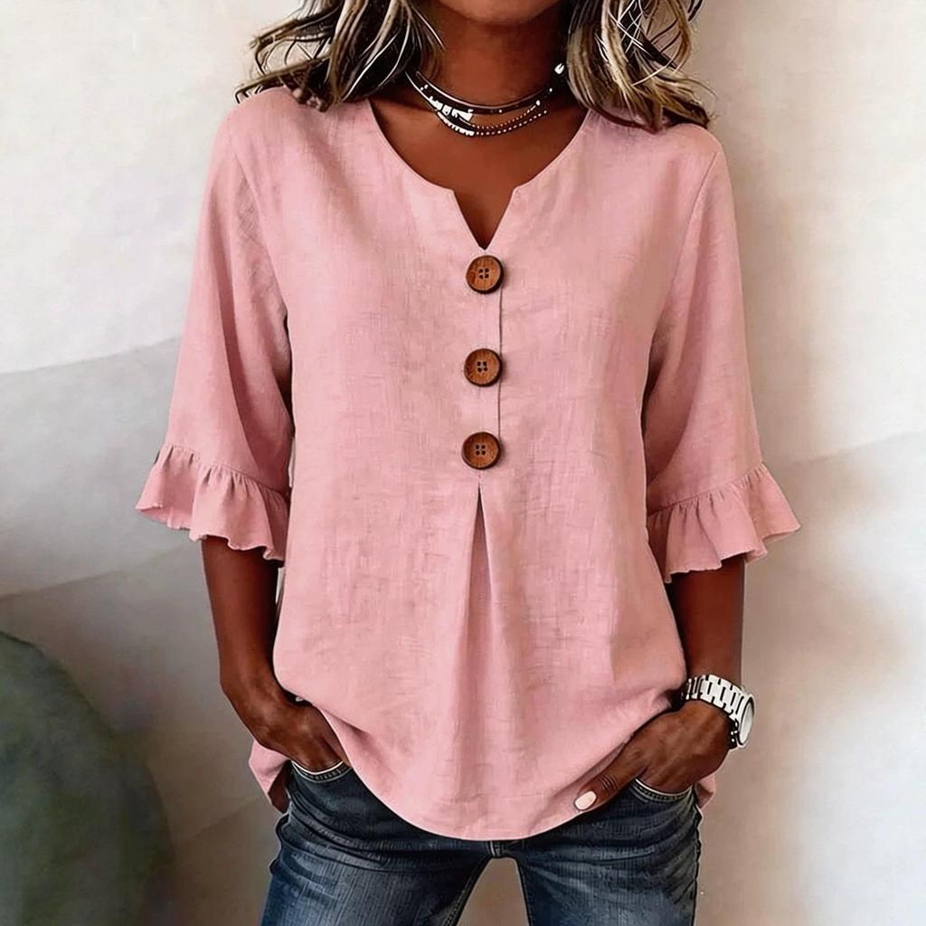 2026 Summer European & American Women's V-neck Cotton Linen Fashion Shirt
