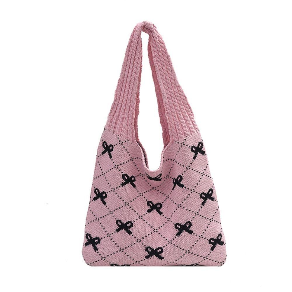 Soft Bow Knitting Shoulder Bag Sweet Casual Woven Handbag Elegant Beach Bag Vacation