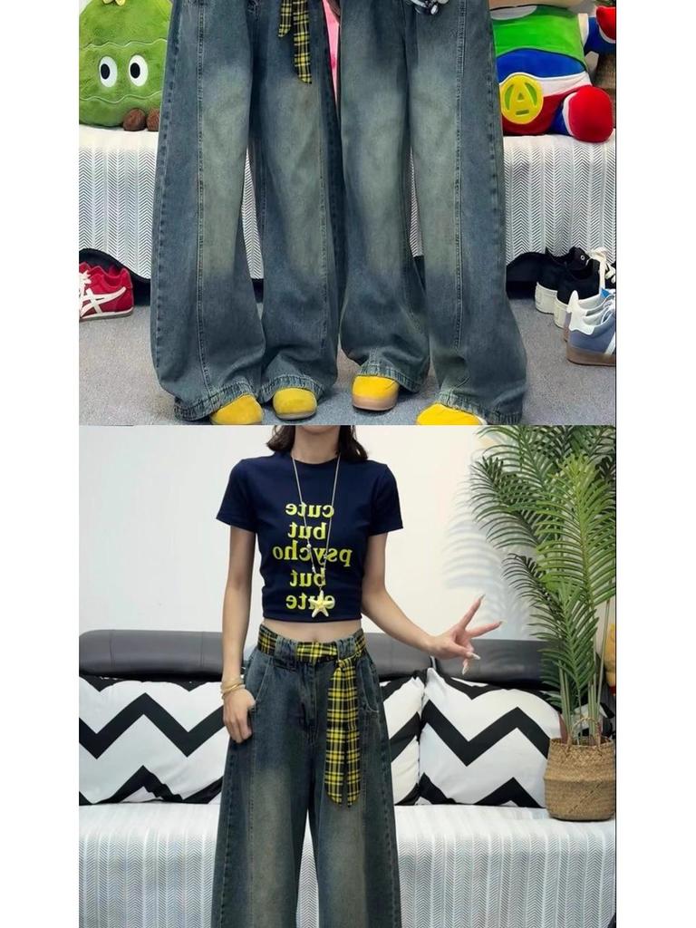Retro Blue High Waist Wide Leg Jeans for Women - Floor Length, Loose Fit, Trendy Autumn Style.
