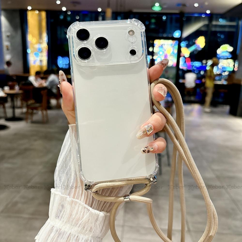 Shockproof Clear Soft Bumper Case For For Iphone 17 16 1 14 Pro Max Plus Crossbody Lanyard Necklace Strap Cord Nylon Rope Cover