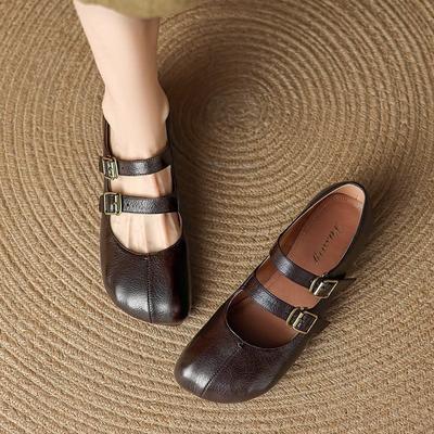 Spring and Autumn New Retro Cowhide Single Shoes Women's Non-slip Soft Sole Thick Heel Small Leather Shoes Square Head Mary Jane Shoes Women