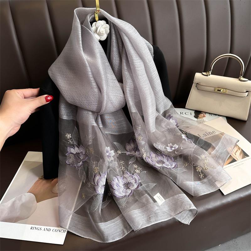 Hand-Embroidered Mulberry Silk Scarf - Elegant Spring & Autumn Shawl