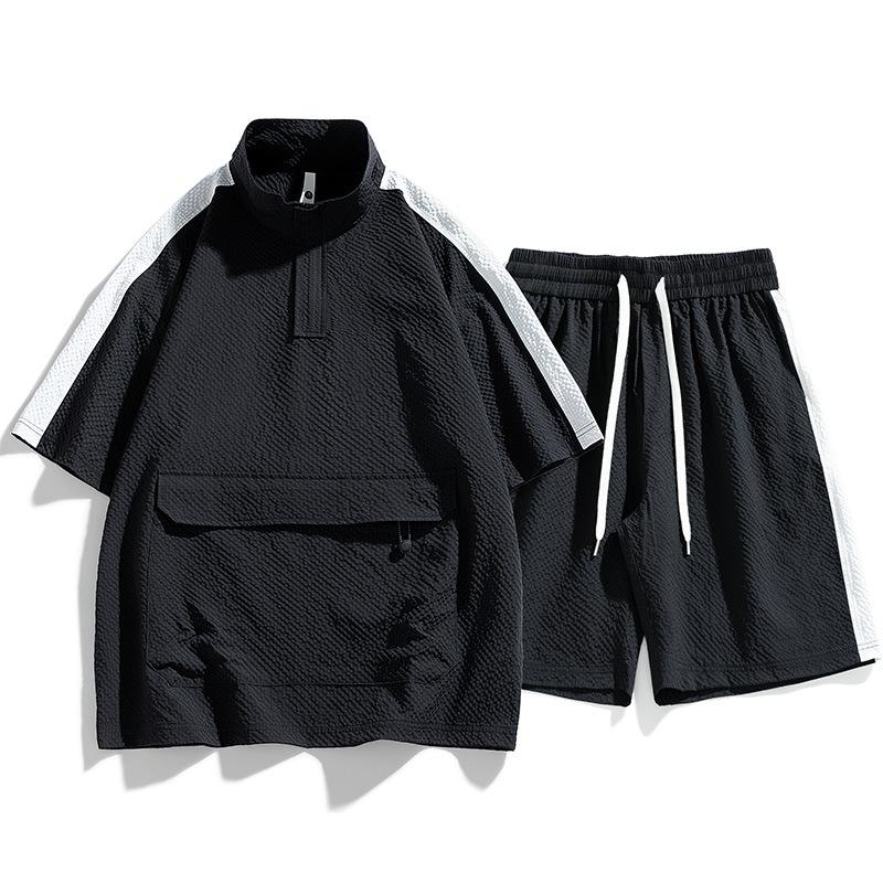 

Мужской костюм, шорты, комплект футболок, полосатый пузырь, большие размеры, летние футболки с короткими рукавами, дышащие модные большие размеры