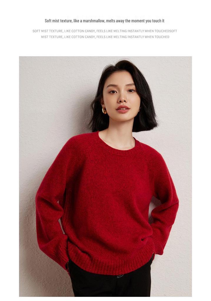 Women's Heavyweight Cashmere Sweater - Round Neck Marled Yarn Knit, Loose Long Sleeve